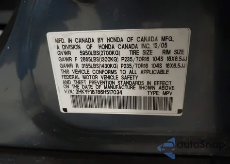 2006 Honda Pilot Ex-L z USA, uszkodzony, nr VIN 2HKYF18786H517034